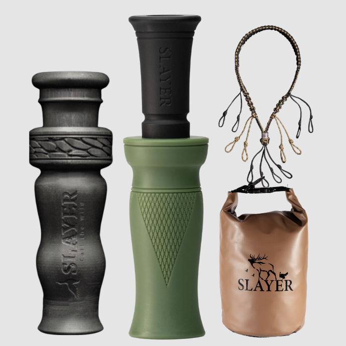 Slayer duck call, whistle, dry bag and lanyard with 'Slayer' branding on a light gray background