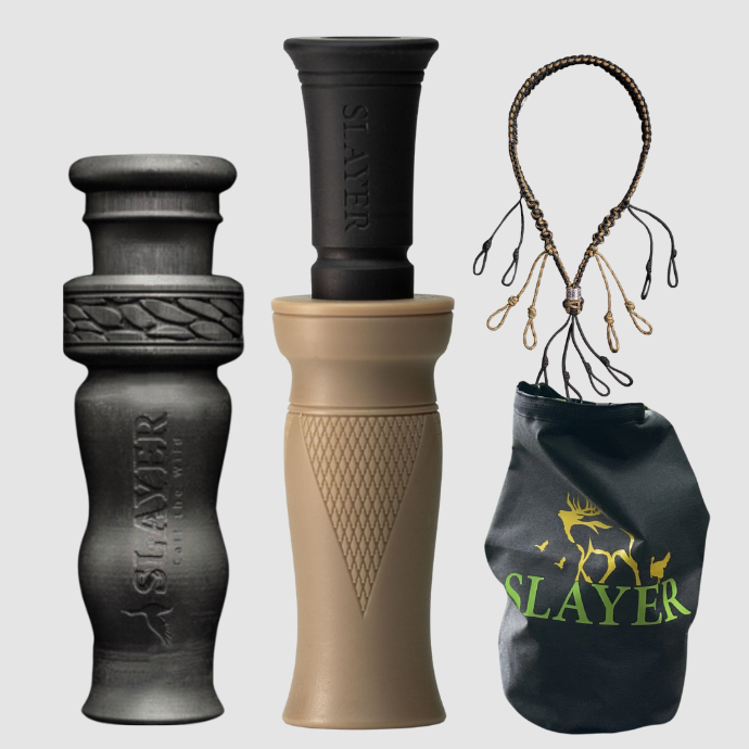 Slayer duck call, whistle, dry bag and lanyard with 'Slayer' branding on a light gray background