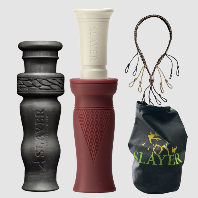 Slayer duck call, whistle, dry bag and lanyard with 'Slayer' branding on a light gray background