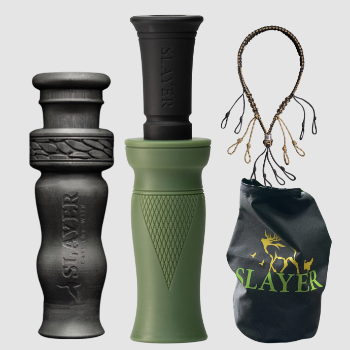 Slayer duck call, whistle, dry bag and lanyard with 'Slayer' branding on a light gray background