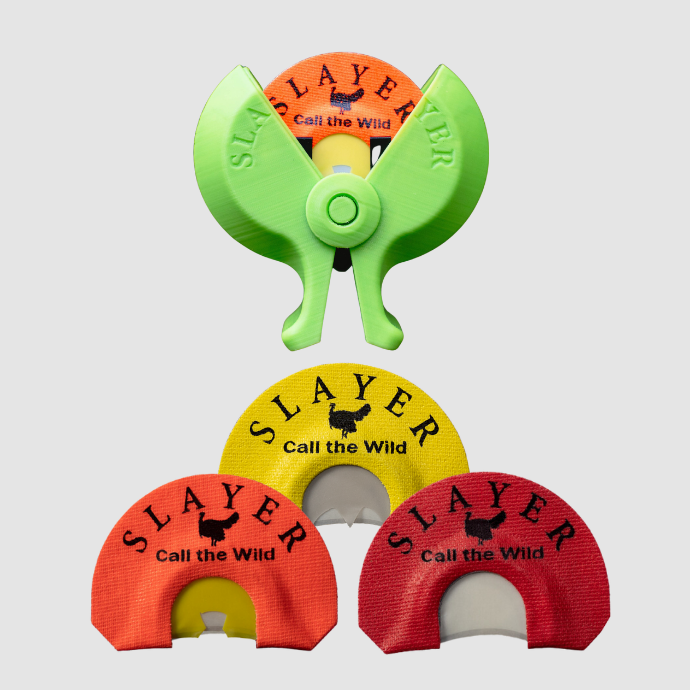 Set of Slayer turkey hunting calls on a light gray background