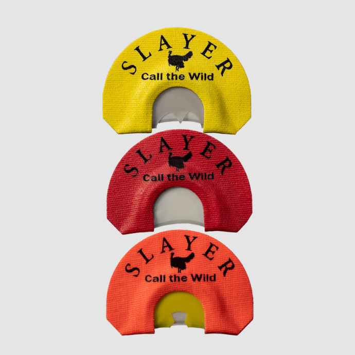 Three turkey mouth calls with 'Slayer - Call the Wild' branding on a light gray background.