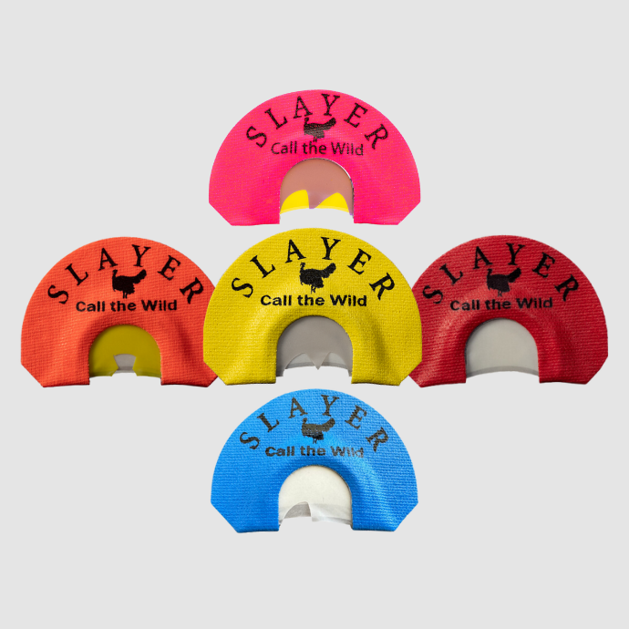 Five Slayer turkey mouth reeds in red, yellow, blue, orange and pink on a light gray background.