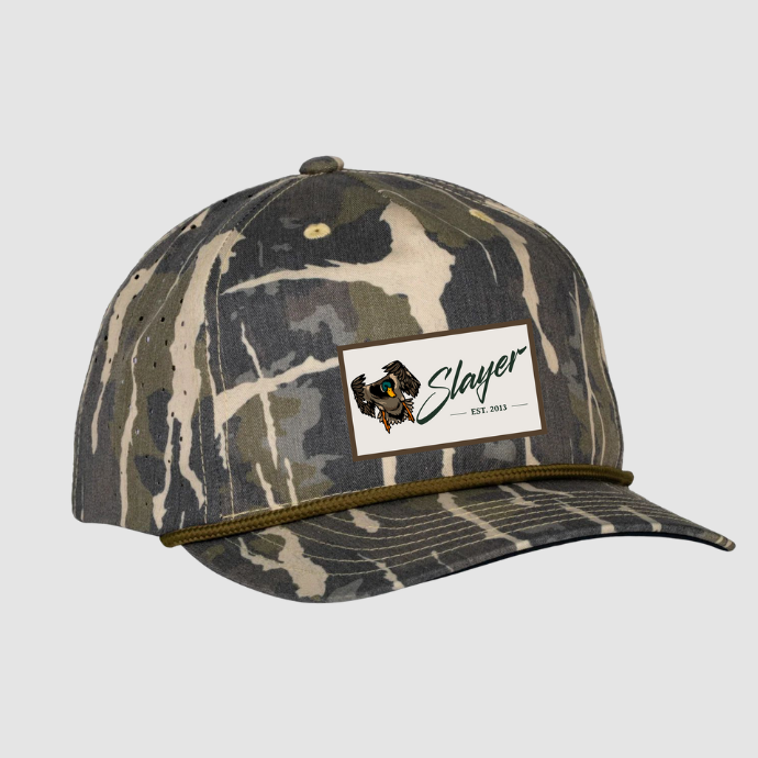 frosted timber camo patterned truck hat with slayer branded embroidered patch