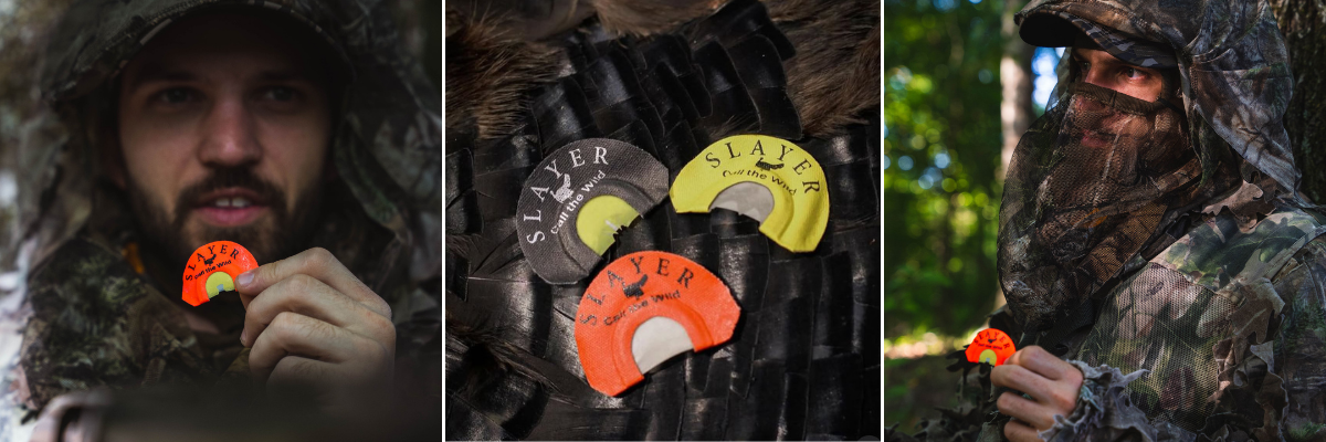 Turkey hunter in full camo gear with Slayer ghost cut turkey calls.
