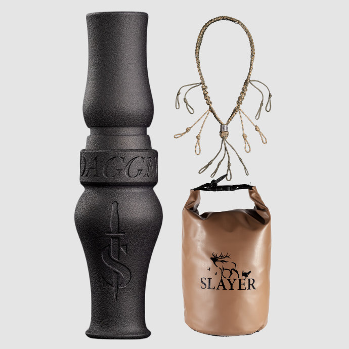 Black goose call with 'Slayer' branding, a black bag, and a paracord lanyard on a light gray background.