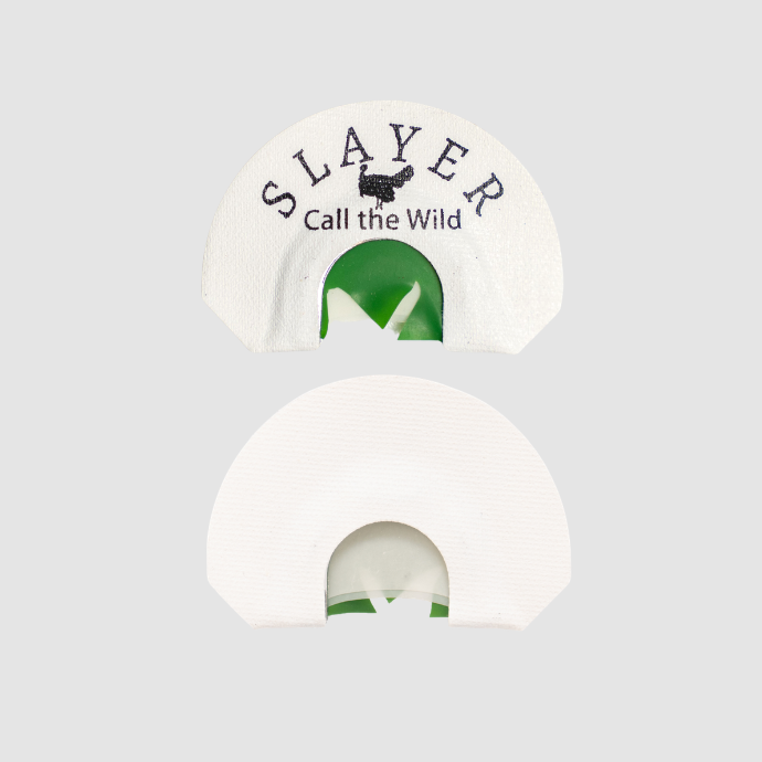 slayer's half and half turkey call in white tape with dark green latex on a light grey background.