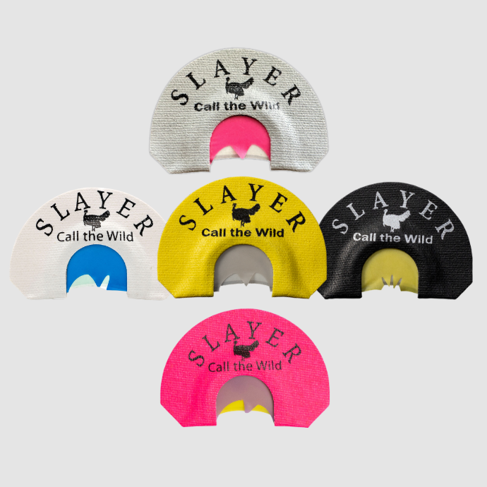 Set of Slayer turkey hunting mouth calls on a light gray background