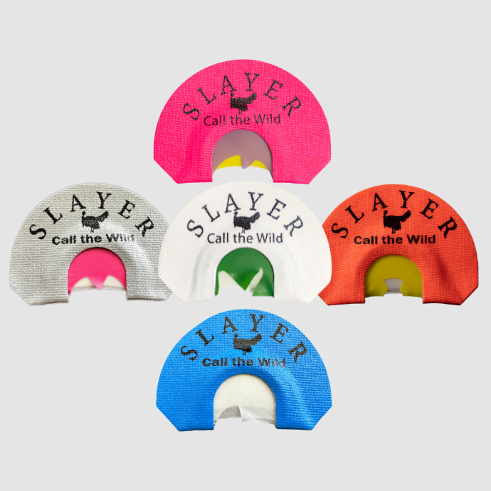 Set of five Slayer turkey mouth reeds in various colors on a light gray background