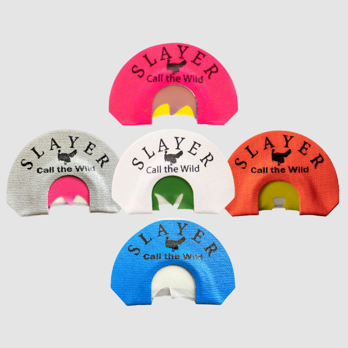 5 Slayer turkey mouth reeds with varied cuts and tape colors.