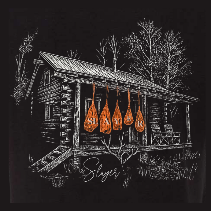 Log cabin with hanging elk game bags and 'Slayer' branding on a black background