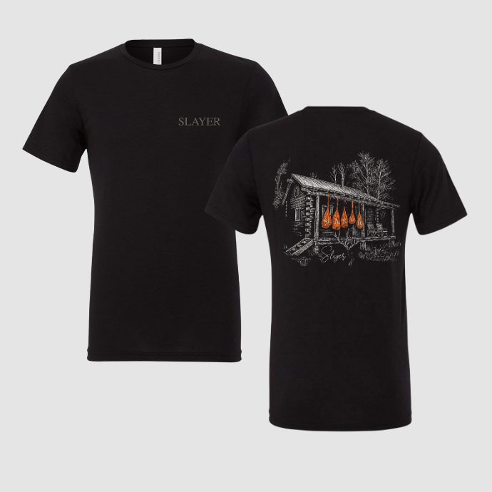 Black t-shirt with 'SLAYER' logo on front and graphic design on back