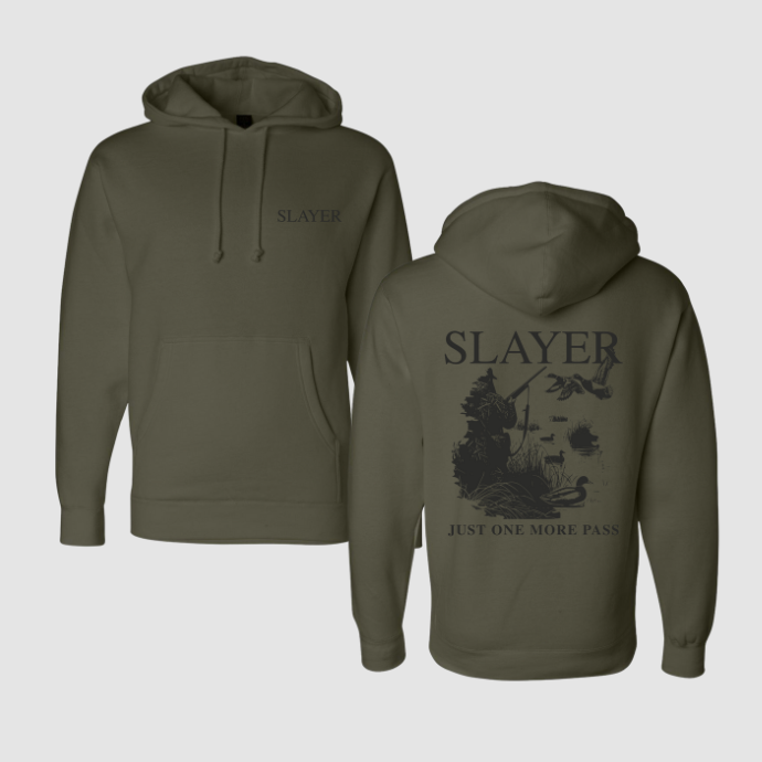 Front and back view of moss green hoodie sweatshirt with Slayer on the font and illustrated duck hunting scene on the back. 