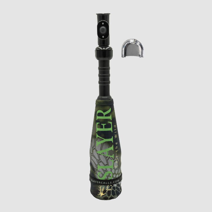 Compact sized Slayer black and camo covered bugle tube with Enchantress push button elk call and extra reed on a white background.