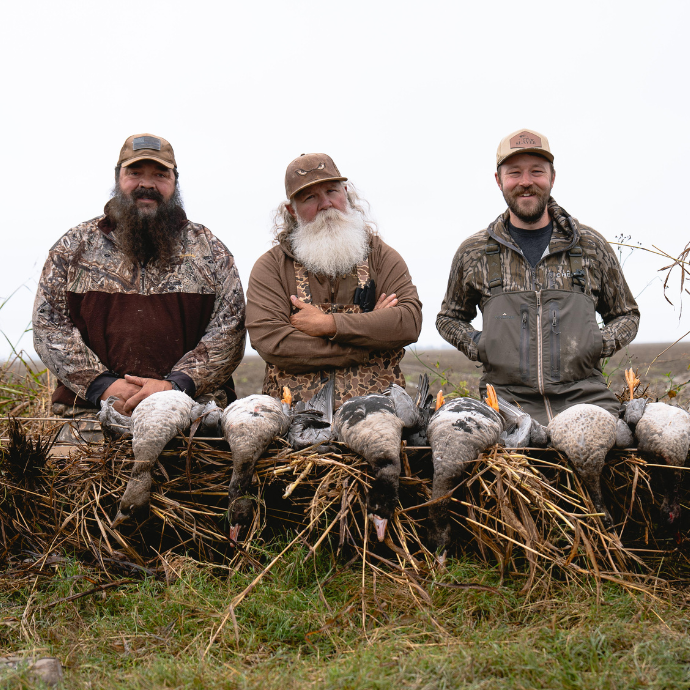 Three waterfowl hunters in hunting gear with harvested speckle belly geese on a field blind.