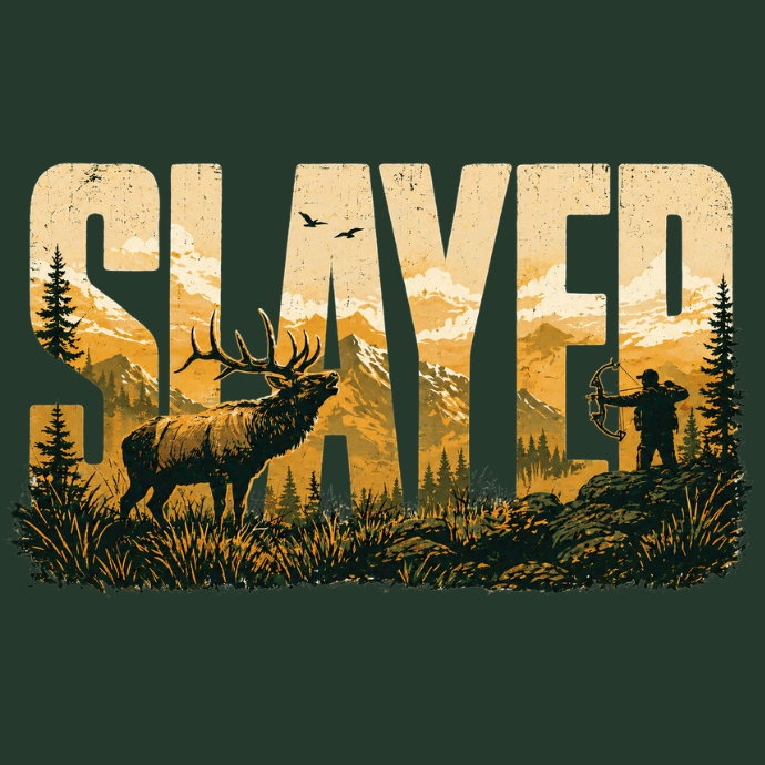 T-shirt design with a hunter, elk, and mountain landscape, featuring the word 'SLAYER'.