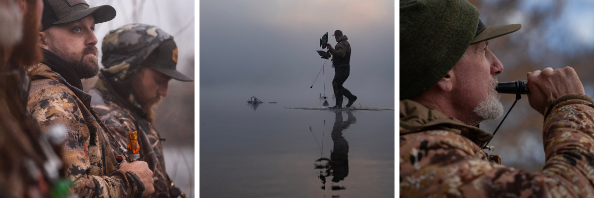 Three-image collage of duck hunters using Slayer single reed duck calls: hunters watching the sky in the blind, a hunter setting decoys in the fog, and a hunter blowing a single reed duck call during a waterfowl hunt.