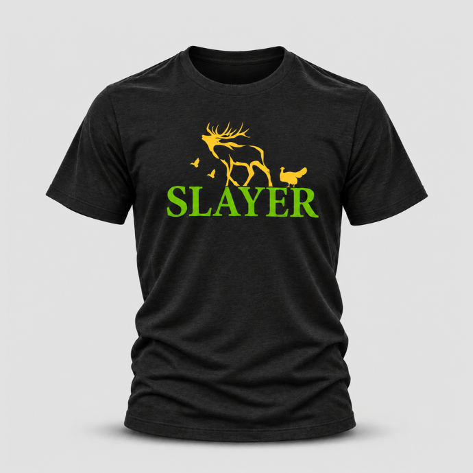 Black Slayer t-shirt featuring a yellow silhouette of an elk, turkey, and flying birds above the word “SLAYER” in bold green text, displayed on a plain background.