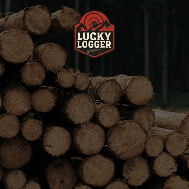 Stack of logs with 'Lucky Logger' logo in the foreground