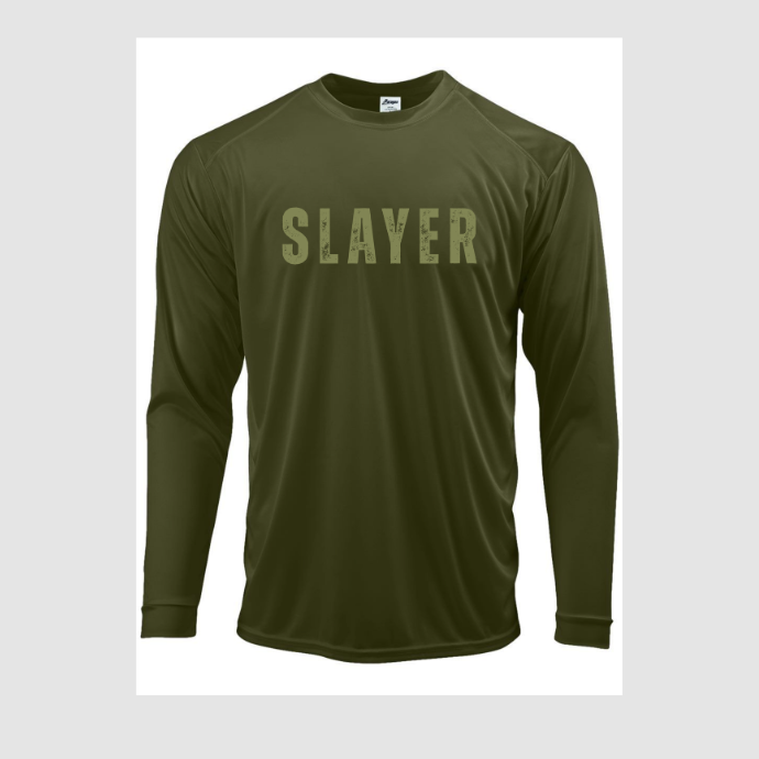 Green long-sleeve shirt with 'SLAYER' text on a white background