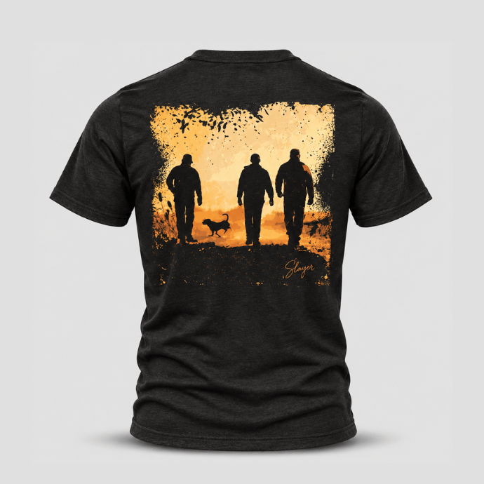 Back view of a Slayer Daybreak T-shirt featuring three hunters and a dog silhouetted against a golden sunrise.