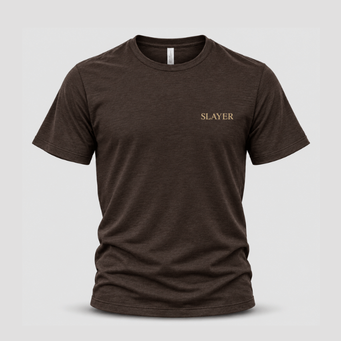 Front view of a dark brown Slayer Daybreak T-shirt with a small gold SLAYER logo on the left chest.