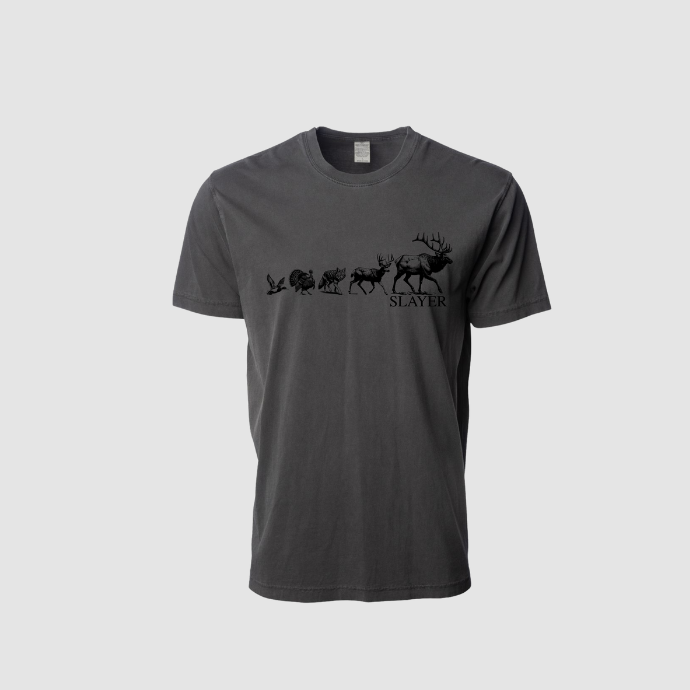 Front view of Slayer T-shirt featuring lineup of duck, turkey, deer, and elk silhouettes on pigment black fabric.