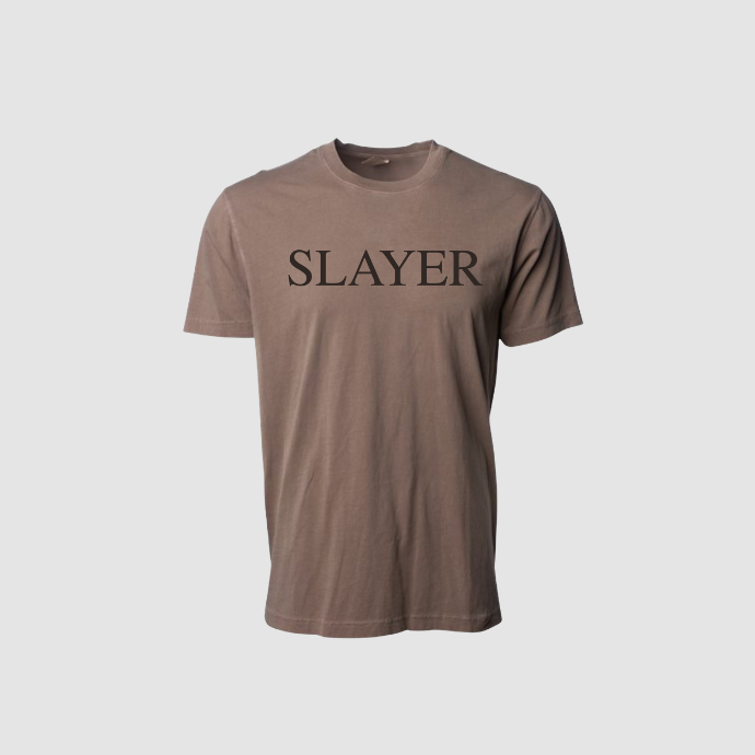 Front view of brown Slayer T-shirt featuring SLAYER block letters in tonal brown