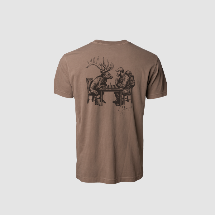 Brown Slayer Calls tee with artistic design of an elk and hunter facing off over a chessboard.