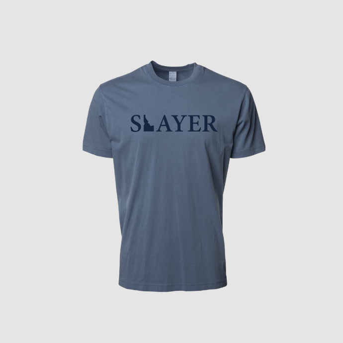 Slate blue SLAYER branded tshirt with Idaho map represented. 