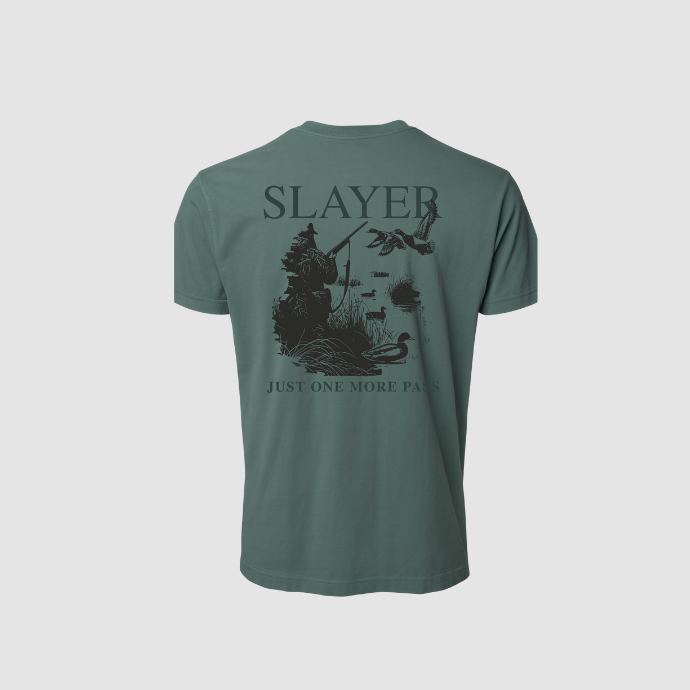 Back view of Slayer ‘Just One More Pass’ duck hunting T-shirt featuring a hunter in the blind with ducks landing in the decoys.