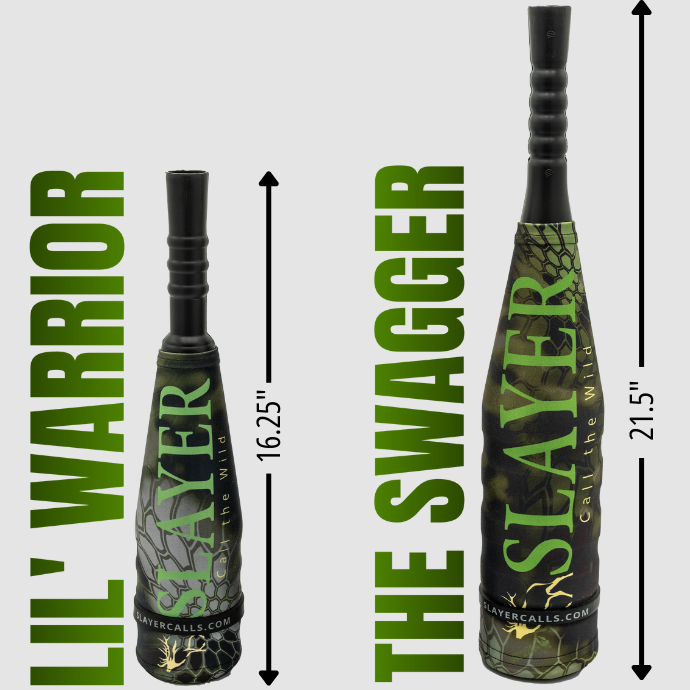 Two Slayer elk bugle tubes with dimensions labeled on a white background