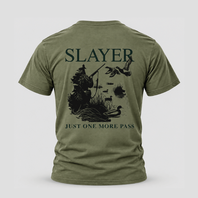 Back view of Slayer ‘Just One More Pass’ duck hunting T-shirt featuring a hunter in the blind with ducks landing in the decoys.