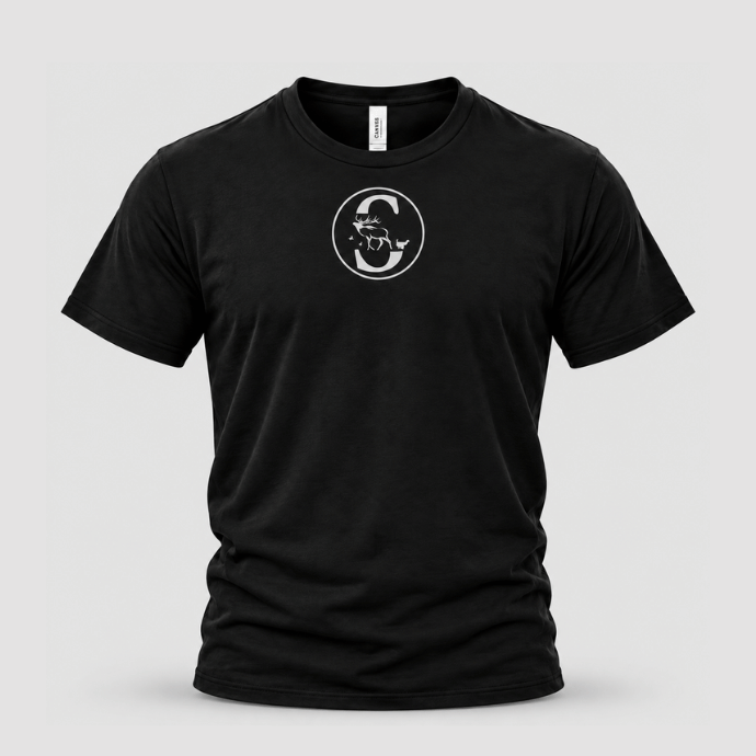 Black t-shirt with Slayer circle collar logo on a light gray background