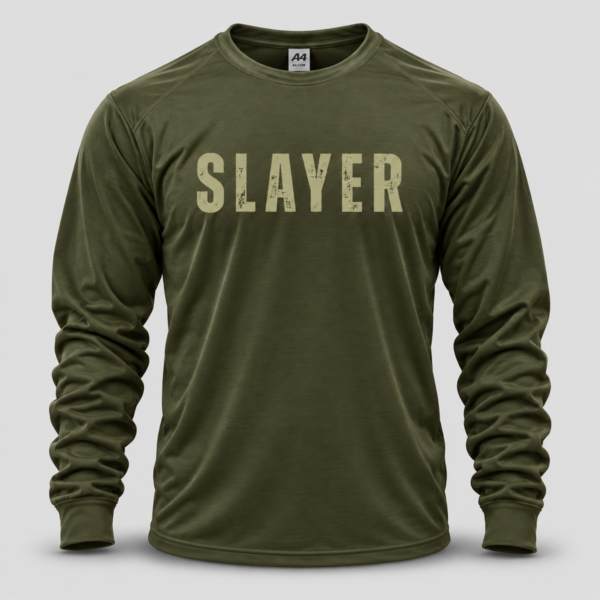 Olive green lightweight long sleeve performance crewneck t-shirt with distressed SLAYER block lettering across the chest on lighter green. 