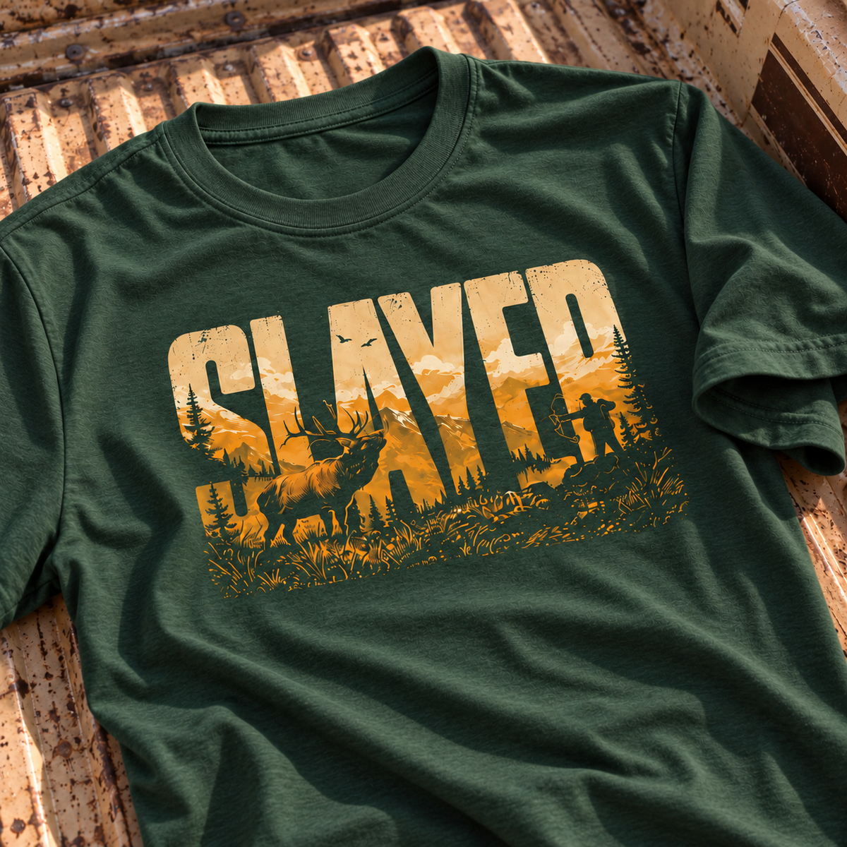 Close-up of a forest green Slayer Ridgeline T-shirt laid in a tan truck bed, displaying its gold lettering, elk and mountain scene.
