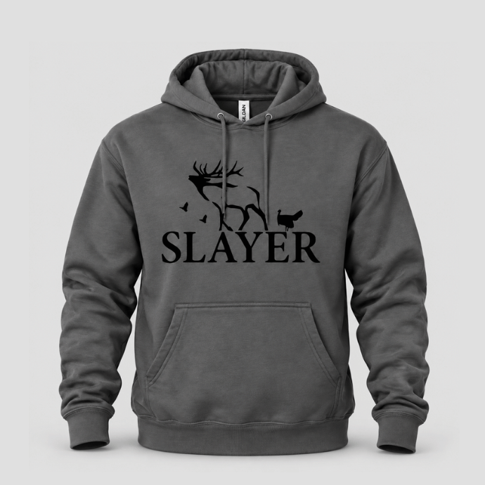 Gray Slayer Shadow hoodie with black SLAYER logo,  front view on a light gray background.