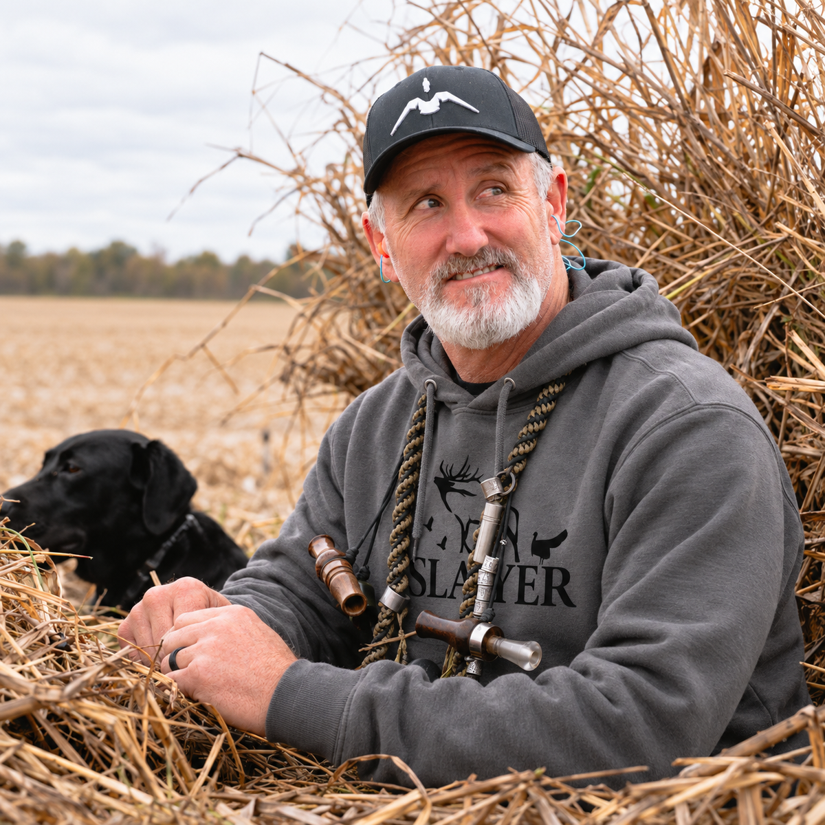Hunter wearing a gray Slayer Shadow hoodie and call lanyard, seated in a straw blind beside a black Labrador.