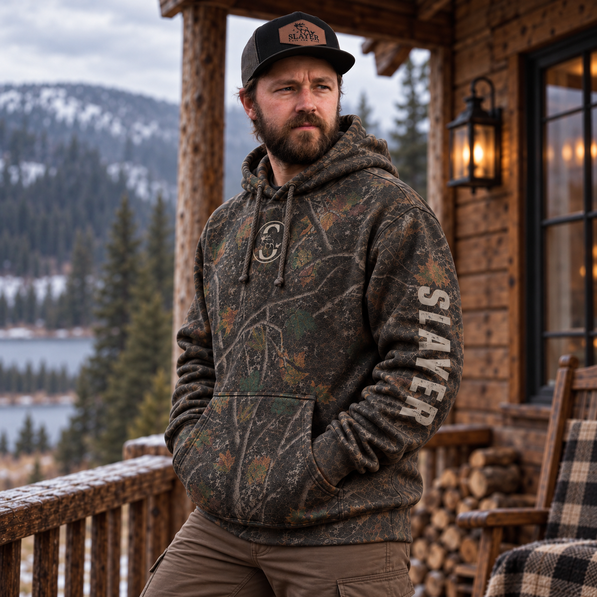 Hunter wearing the Slayer Timberline Heavyweight Hoodie in woodland camouflage, standing on a rustic cabin porch with stacked firewood, a lantern, and a misty mountain forest in the background.