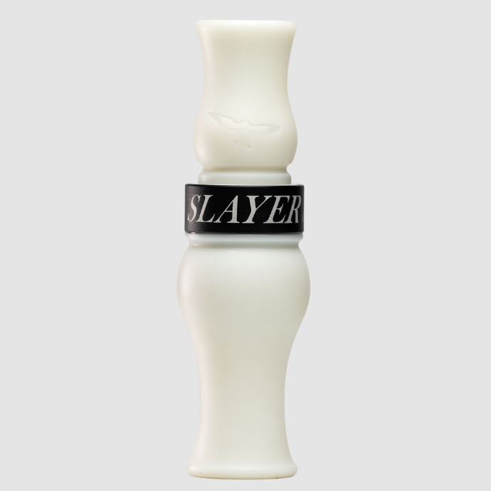 white snow goose call with a black band and SLAYER engraved in white lettering