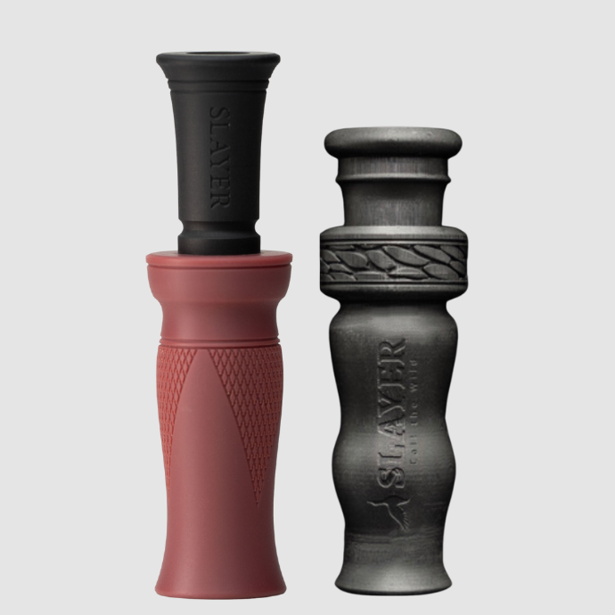 Slayer red duck call and black duck whistle on a light gray background.