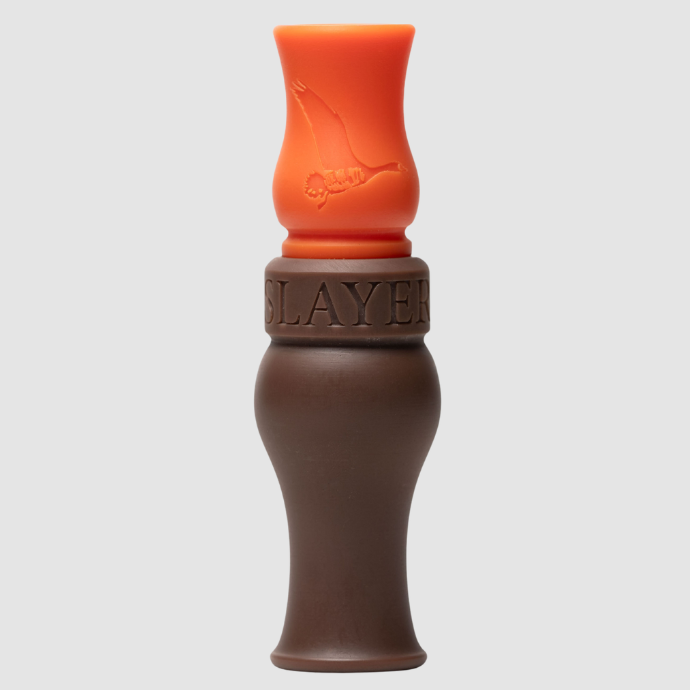 Orange and brown speck call with 'SLAYER' branding on a white background