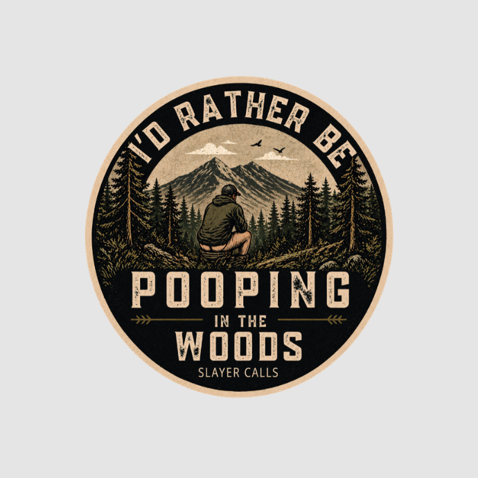 A circular novelty sticker or decal featuring a vintage-style illustrated scene of a person sitting in a forest in front of mountains, with the text 'I'D RATHER BE POOPING IN THE WOODS' and 'SLAYER CALLS' on a light gray background.