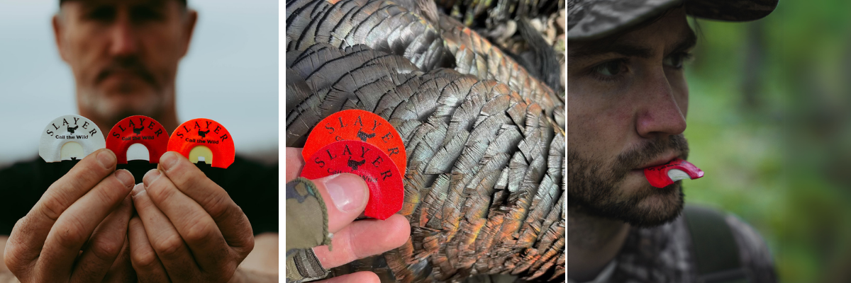 A collage of turkey hunters running the Straight Double turkey diaphragm from Slayer Calls.