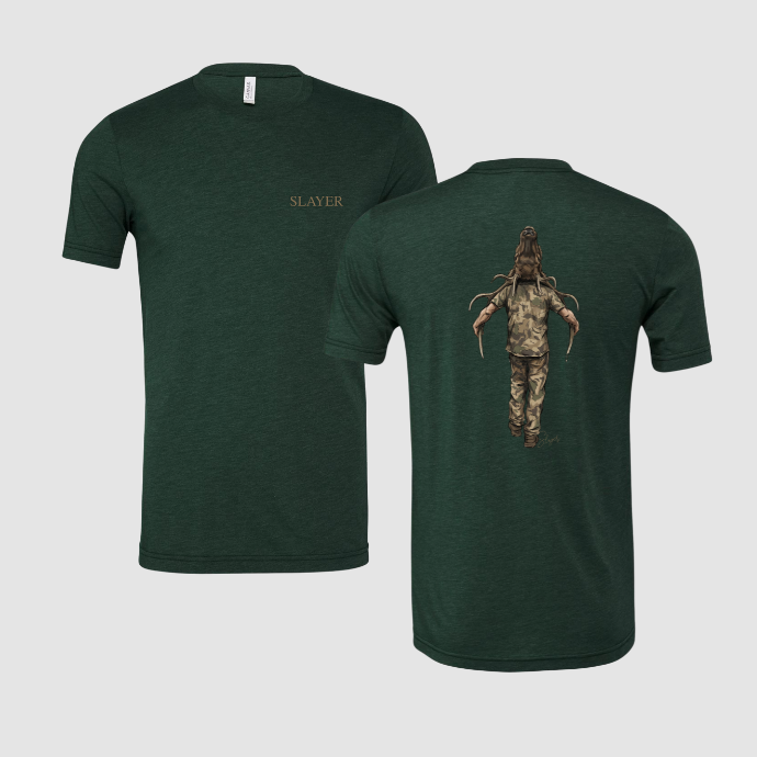 Green t-shirt with 'Slayer' logo on front and back graphic design