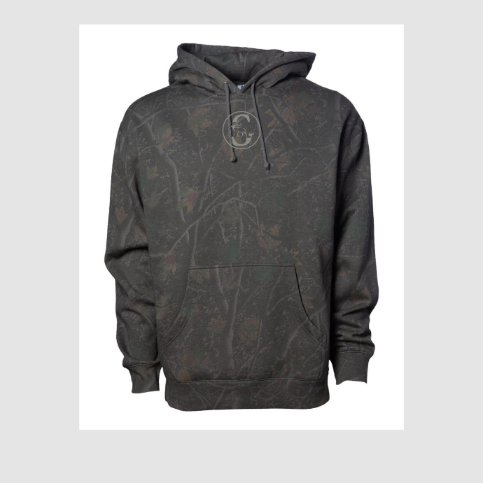 Dark gray hoodie with subtle timberline camo pattern with a Slayer "S" logo on a light gray background