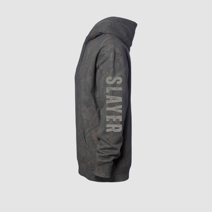 Dark gray hoodie with subtle timberline camo pattern with SLAYER on the sleeve on a light gray background.