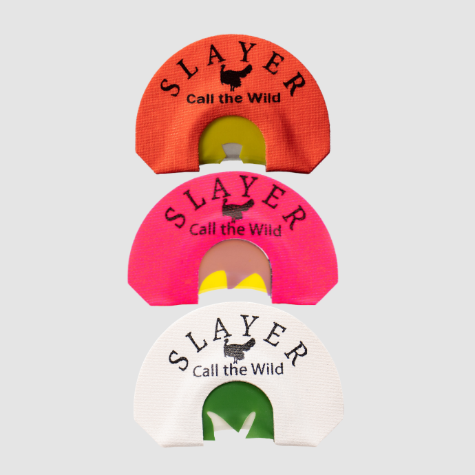 Three Slayer turkey calls on a light gray background