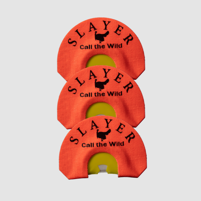 Three orange Center-Cut-Triple turkey calls from Slayer Calls, 3-Pack turkey mouth calls on a white background