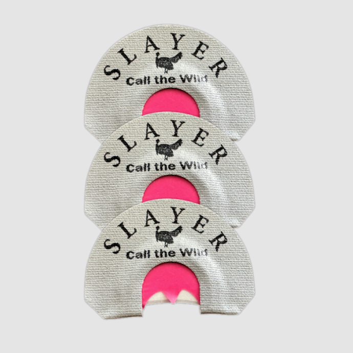 Slayer Grey Batwing 3-pack, three grey and pink turkey calls on a light grey background. 